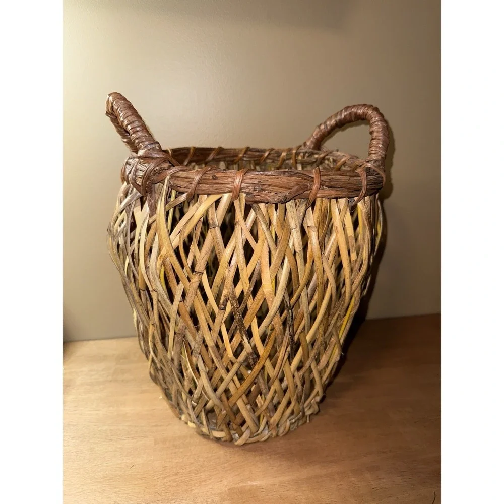 Vintage Handwoven Wicker Basket with Handles Rustic Farmhouse Cottage Decor
